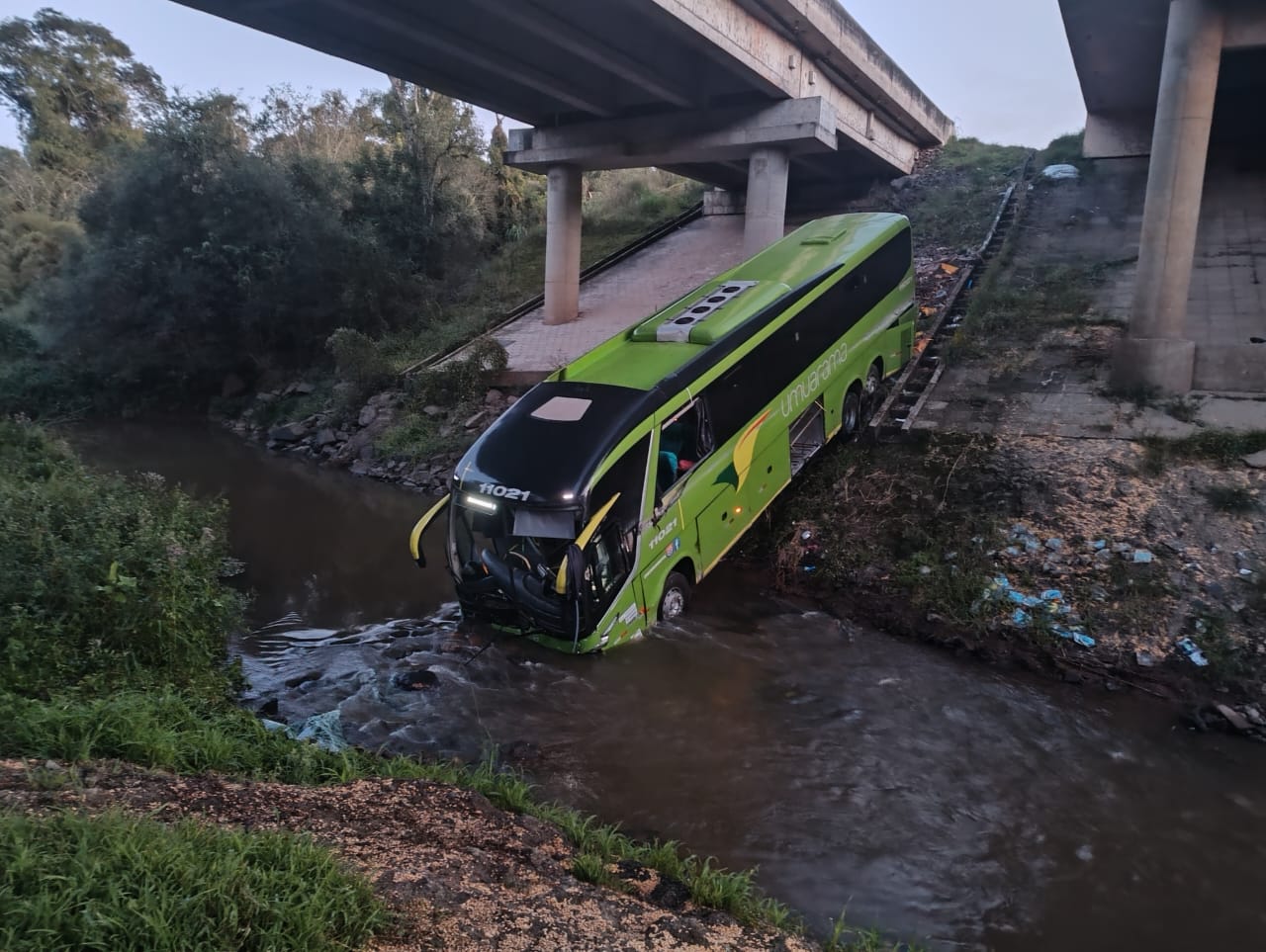 Ônibus se acidenta na BR-376 e cai em rio